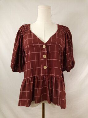 Lauren Conrad Maroon Plaid Blouse Size Medium